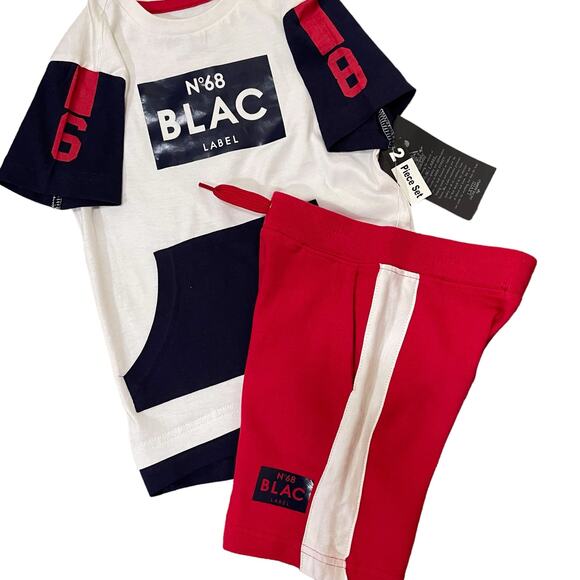BLAC LABEL Graphic T-Shirt & Shorts Set Red White Navy Blue NWT Boys 4T - Picture 2 of 6